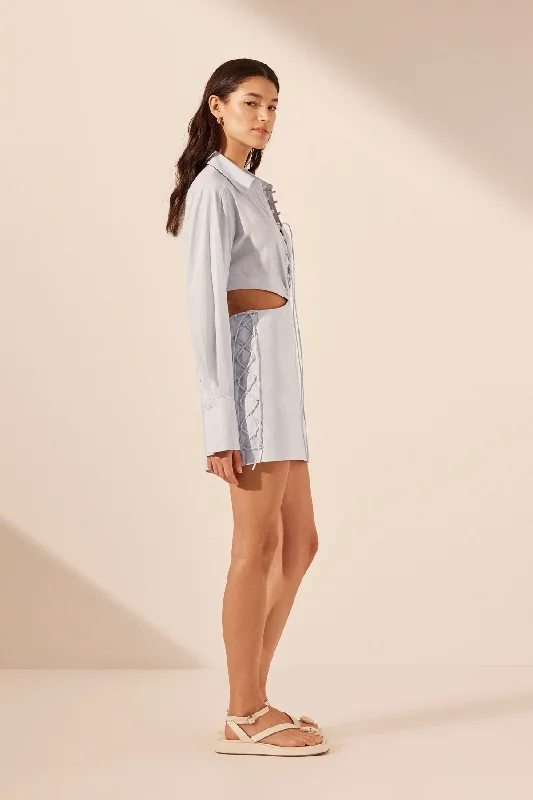 AMADA LACE UP CUT OUT SHIRT MINI DRESS - ICE BLUE