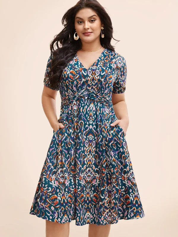 Bandana Print V Neck Shirred Gathered Dress