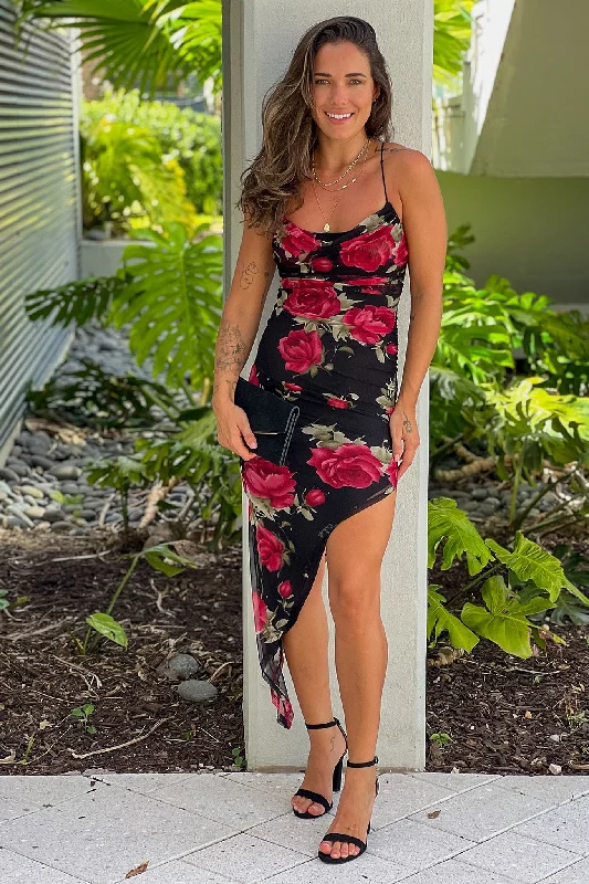 Black And Red Floral Asymmetrical Dress