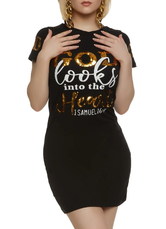 God Looks Into The Heart Sequin T Shirt Dress