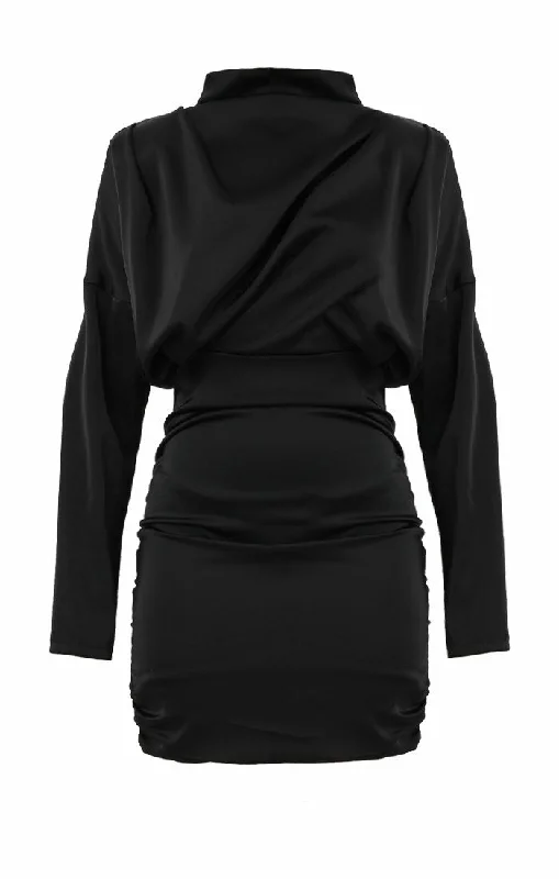 Black Satin Draped Mini Dress - Tatiana