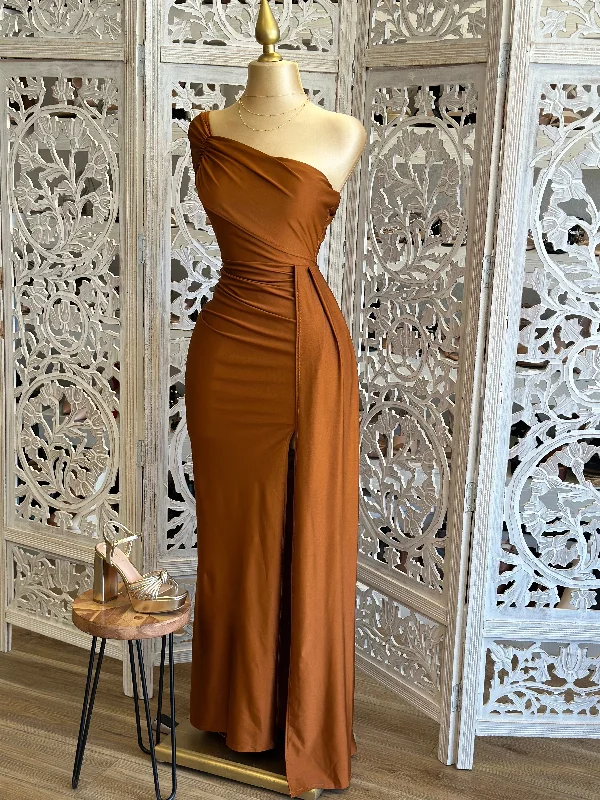 Bronze One Sleeve Ruched Formal Dress- Stretchy