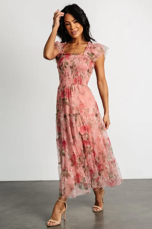 Clementine Tulle Midi Dress | Pink Rose Floral