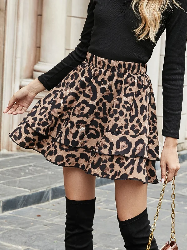 MegaBetty - Leopard Print Ruffles Layered Skirt