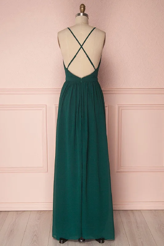 Dark Green A-Line Pleated Long Chiffon Boho Bridesmaid Dress