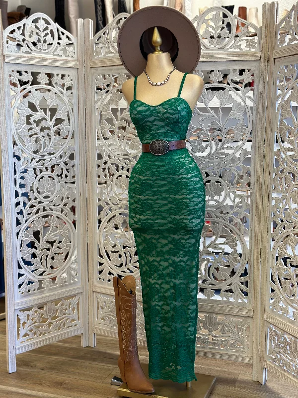 Dark Green Lace Maxi Dress- Stretchy