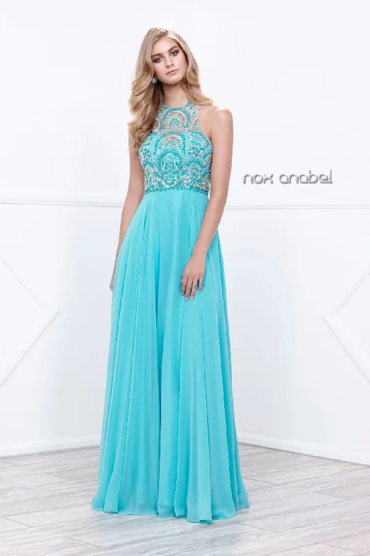 EVENING SLEEVELESS HIGH NECK BEADED TOP A-LINE DRESS 8277 BY NARIANNA