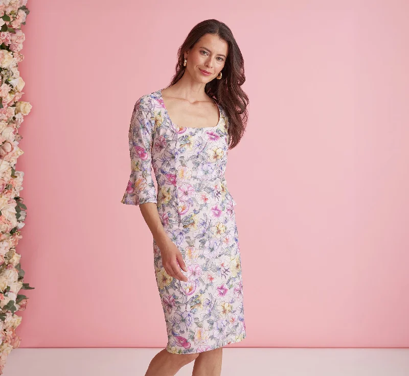 Floral Embroidered Sheath Dress With Three Quarter Bell Sleeves In Blush Multi