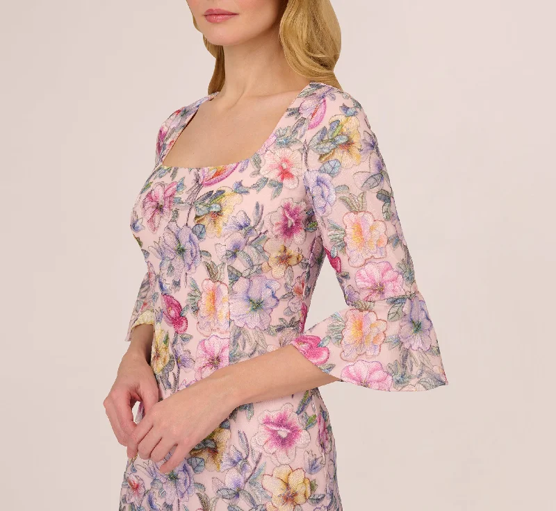 Floral Embroidered Sheath Dress With Three Quarter Bell Sleeves In Blush Multi