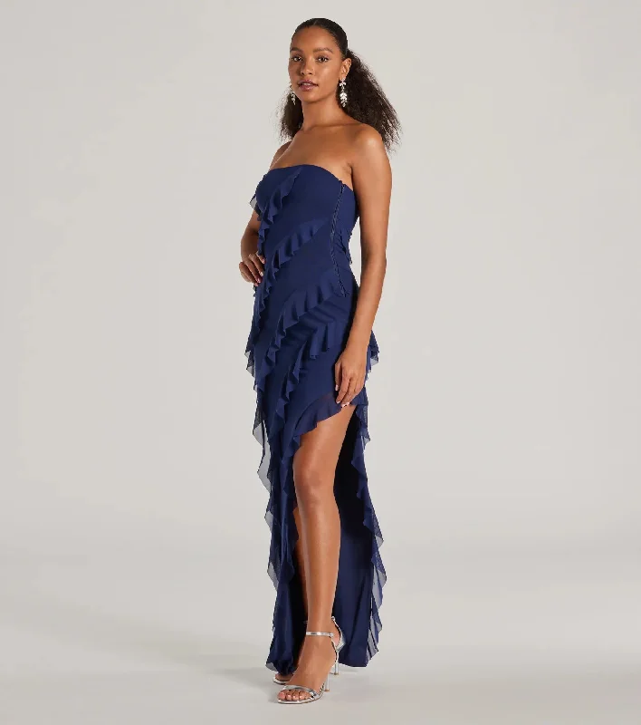 Gabby Formal Mesh Strapless Ruffle Long Dress