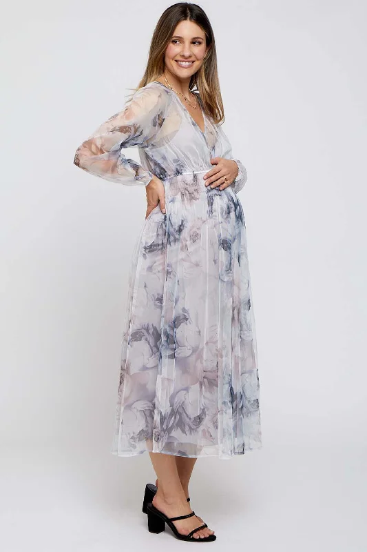 Grey Floral Mesh Smocked Maternity Midi Dress