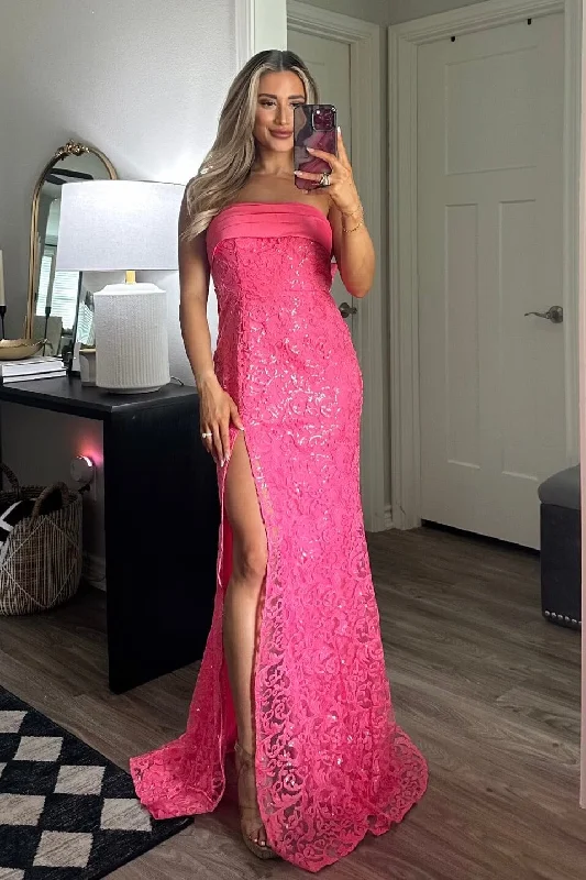 Hello Lover Bow Back Shimmer Lace Maxi Dress: Barbie Pink