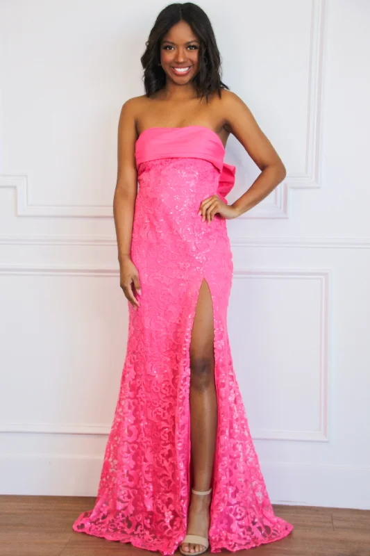 Hello Lover Bow Back Shimmer Lace Maxi Dress: Barbie Pink