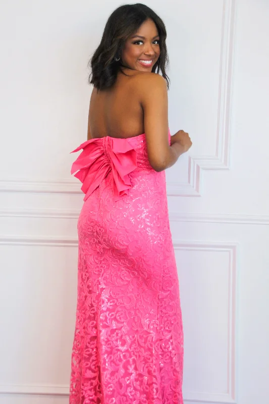 Hello Lover Bow Back Shimmer Lace Maxi Dress: Barbie Pink