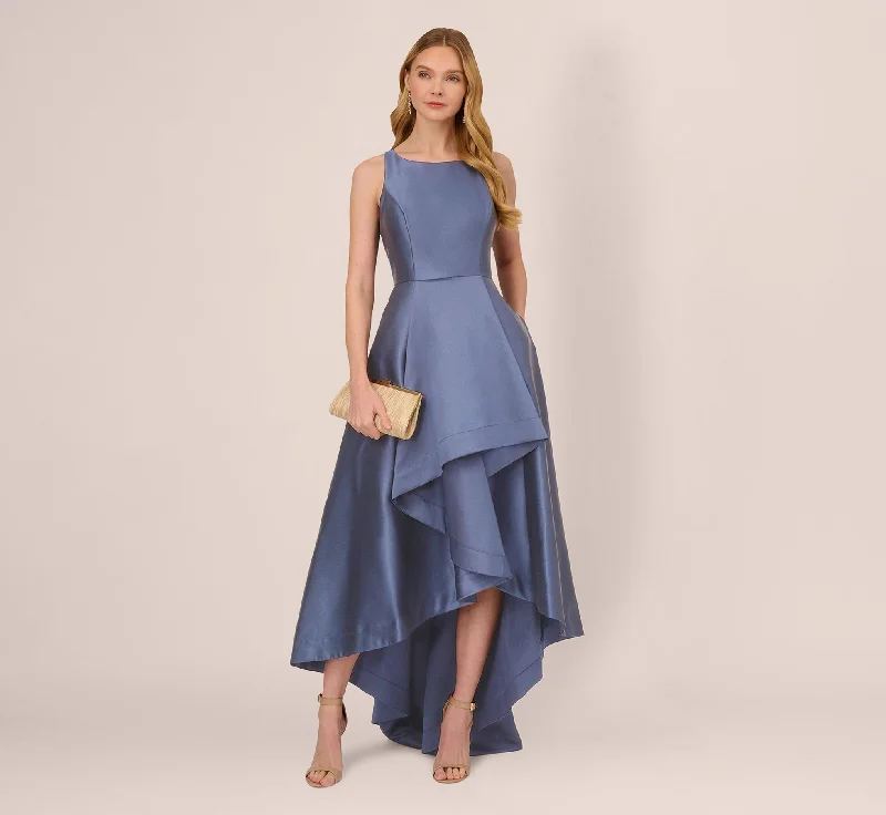 High Low Mikado Gown With Asymmetrical Detail In Blue Frost