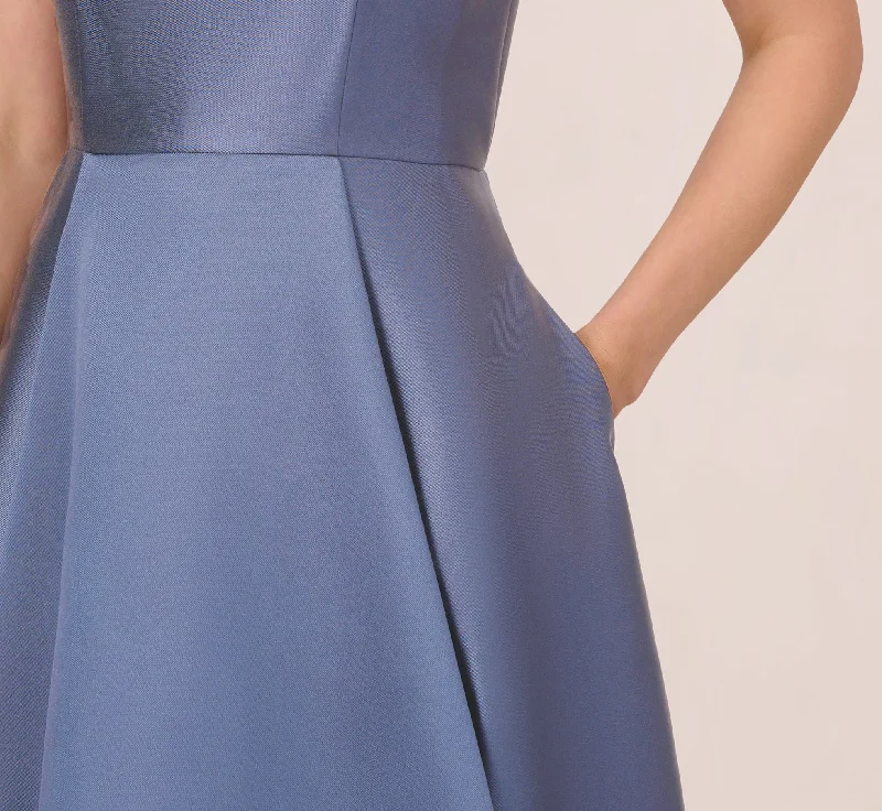 High Low Mikado Gown With Asymmetrical Detail In Blue Frost