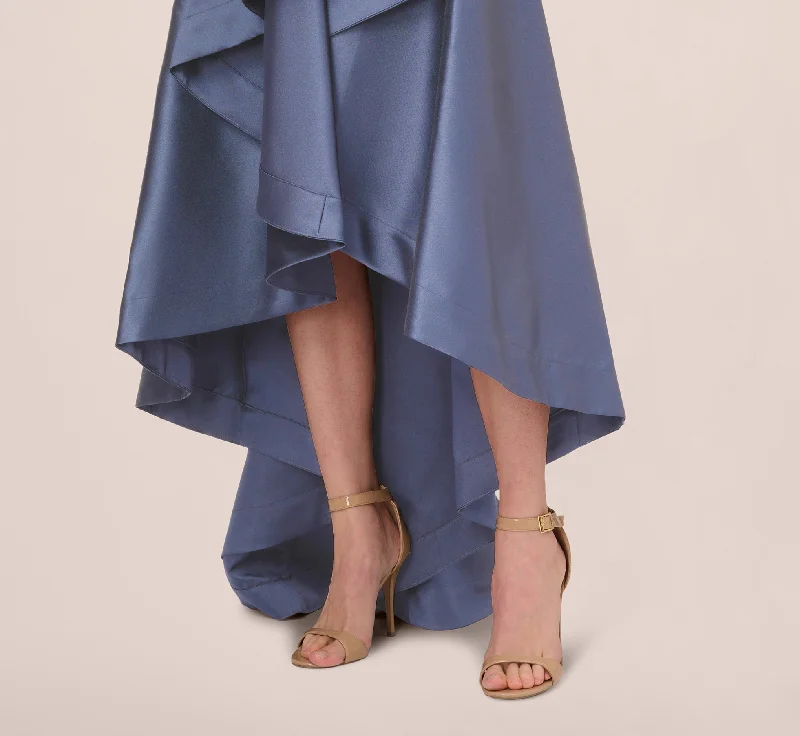 High Low Mikado Gown With Asymmetrical Detail In Blue Frost