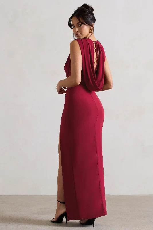 Honour | Berry V-Neck Split Maxi Dress With Cowl-Back