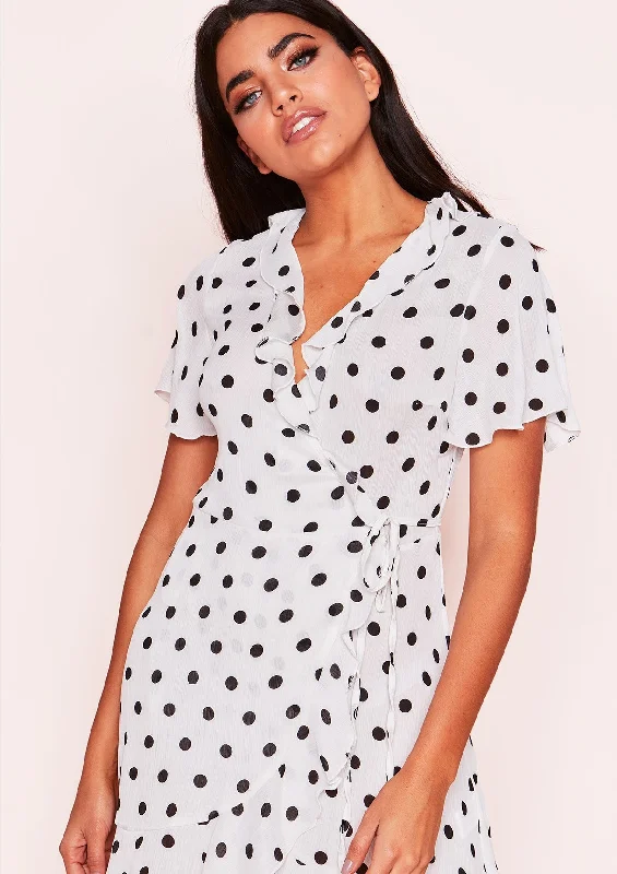 Isabella White Polkadot Wrap Frill Dress