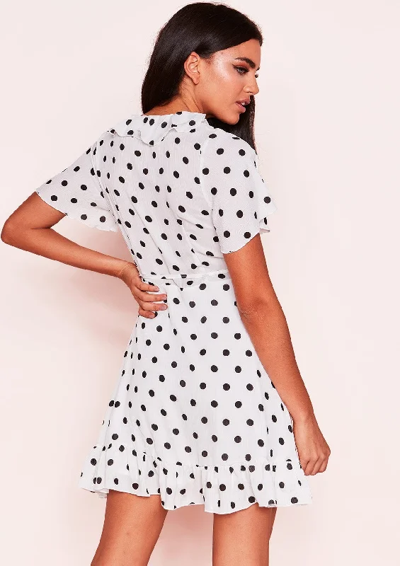 Isabella White Polkadot Wrap Frill Dress