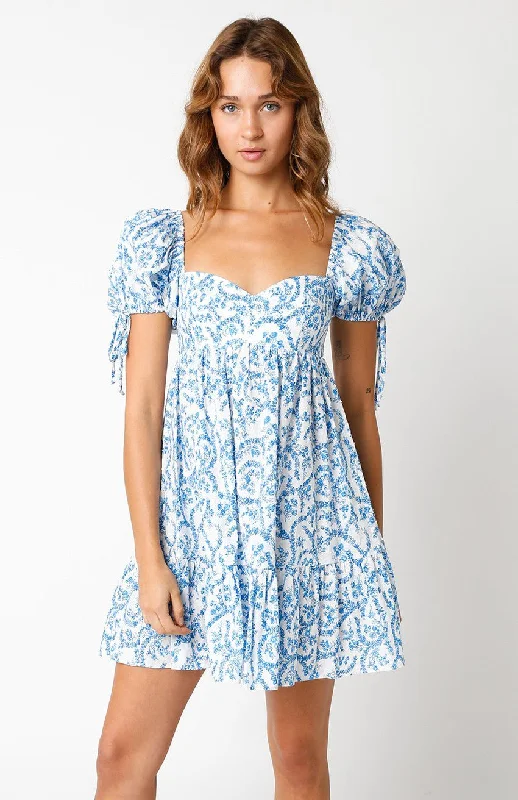 Jessie White and Blue Floral Babydoll Mini Dress