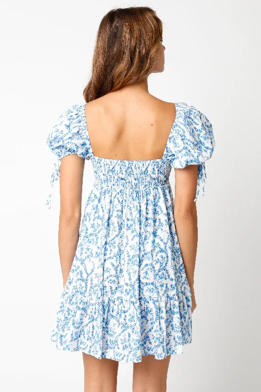 Jessie White and Blue Floral Babydoll Mini Dress