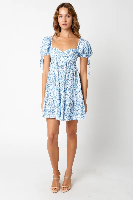 Jessie White and Blue Floral Babydoll Mini Dress