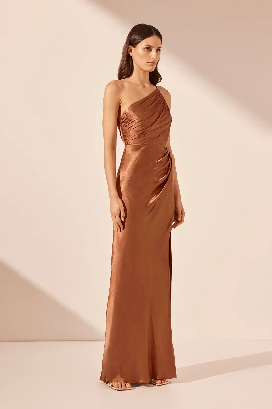 LA LUNE ASYMMETRICAL GATHERED MAXI DRESS - ALMOND