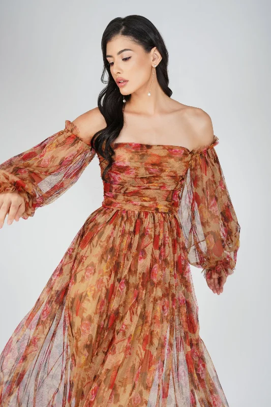 Lana Brown Floral Tulle Dress