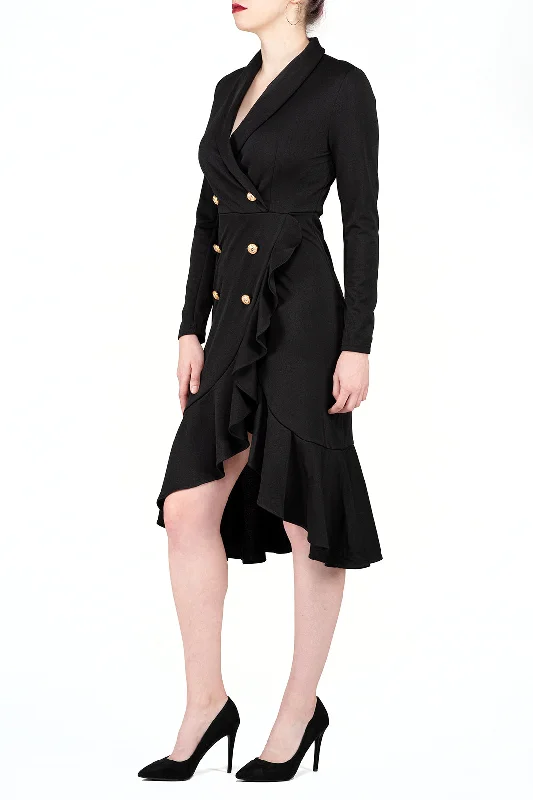 TWO PEARS-Long Sleeve Double-Breast Asymmetrical Ruffle Hem Dress