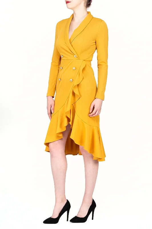 TWO PEARS-Long Sleeve Double-Breast Asymmetrical Ruffle Hem Dress