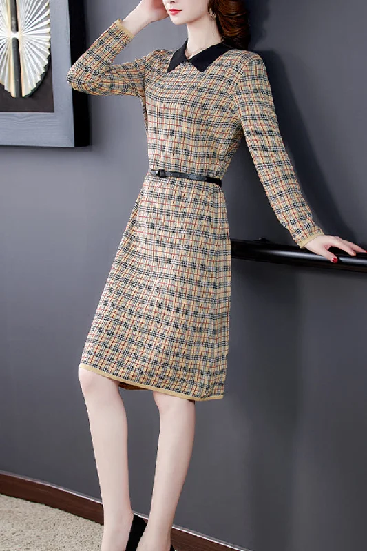 Long-Sleeve-Plaid-Midi-Dress-With-Belt