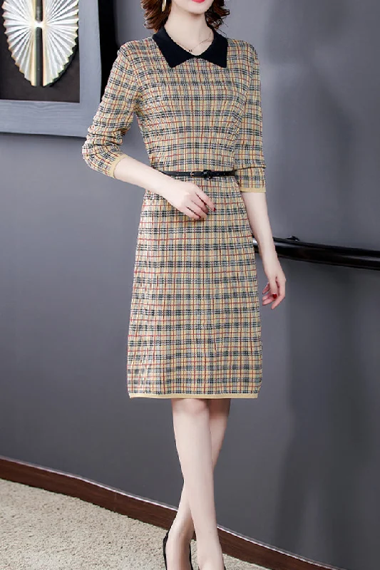 Long-Sleeve-Plaid-Midi-Dress-With-Belt