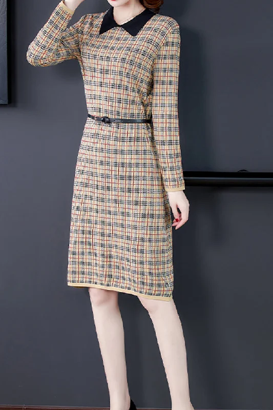 Long-Sleeve-Plaid-Midi-Dress-With-Belt