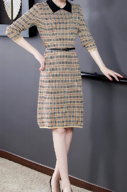 Long-Sleeve-Plaid-Midi-Dress-With-Belt