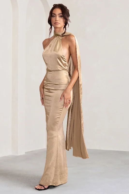 Mademoiselle | Champagne Satin Asymmetric Scarf Neck Backless Maxi Dress