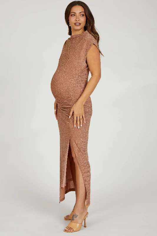 Mocha Glitter Mock Neck Maternity Midi Dress