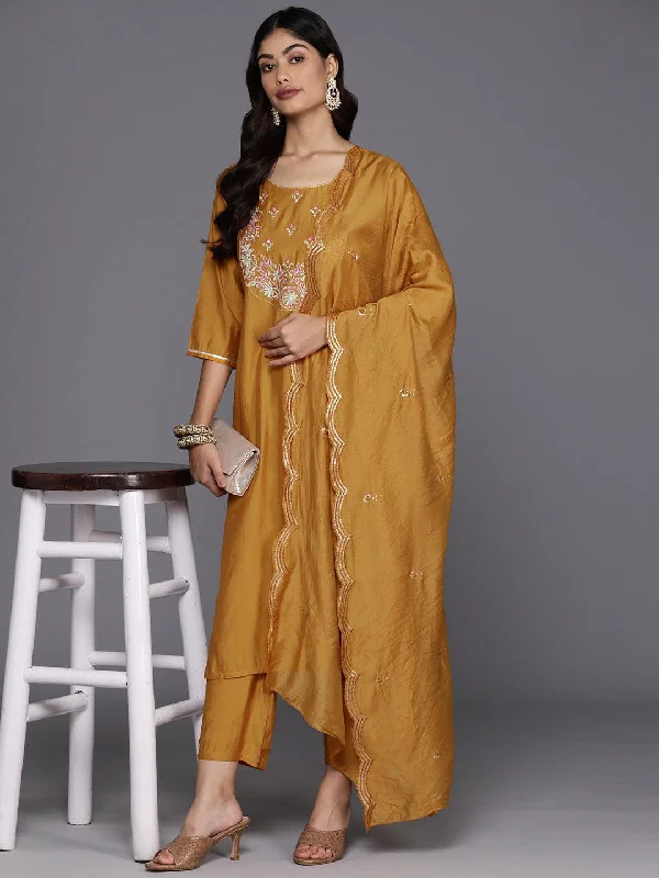 Mustard Yoke Design Silk Blend Straight Suit With Dupatta