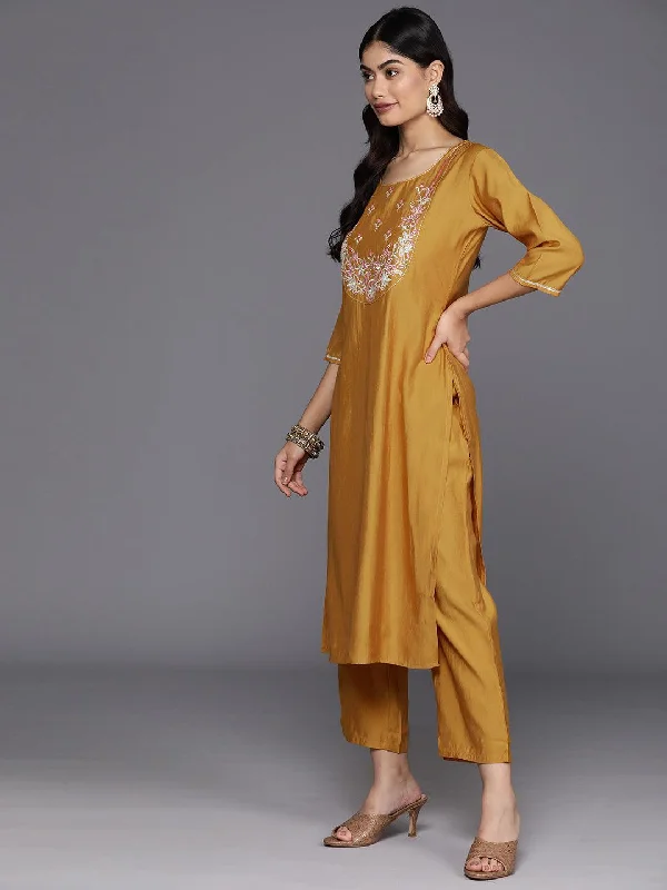 Mustard Yoke Design Silk Blend Straight Suit With Dupatta