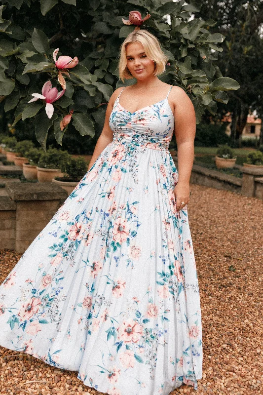 Naira Pleated Maxi Dress - Blue Floral