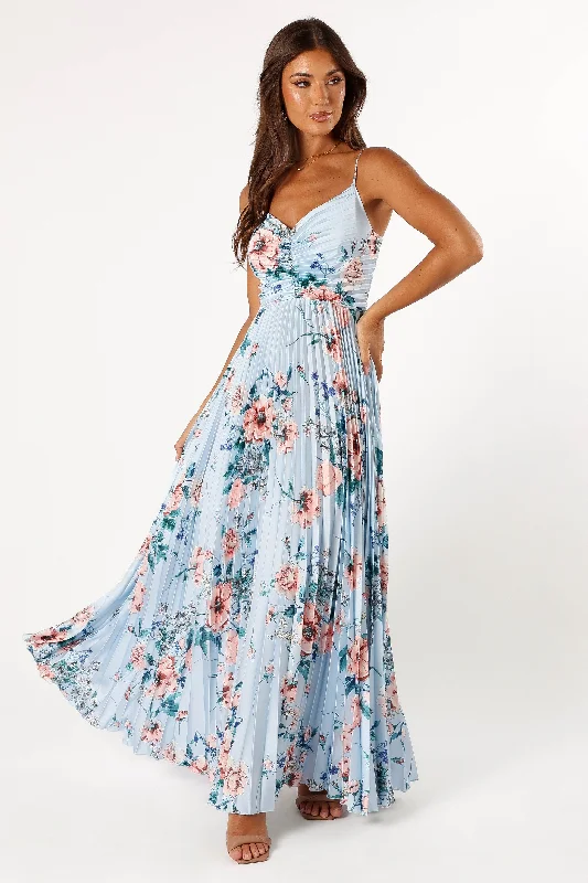 Naira Pleated Maxi Dress - Blue Floral