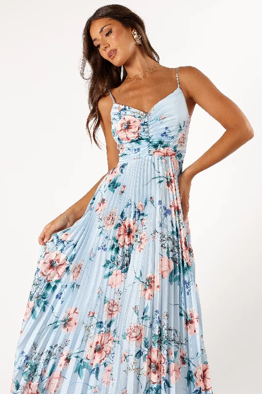 Naira Pleated Maxi Dress - Blue Floral