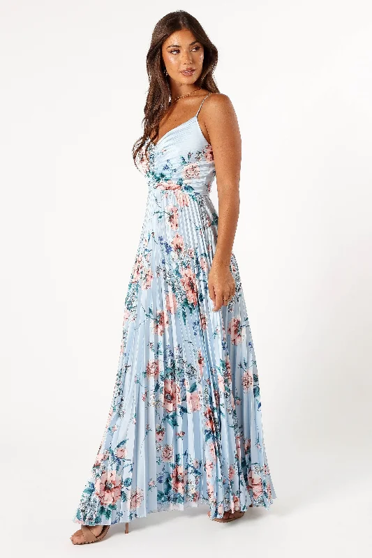 Naira Pleated Maxi Dress - Blue Floral