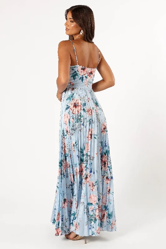 Naira Pleated Maxi Dress - Blue Floral