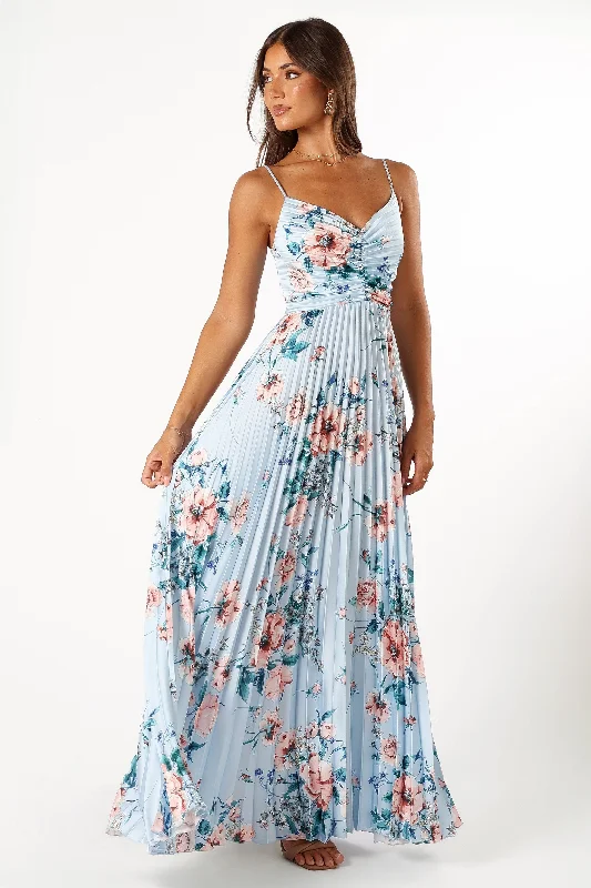 Naira Pleated Maxi Dress - Blue Floral