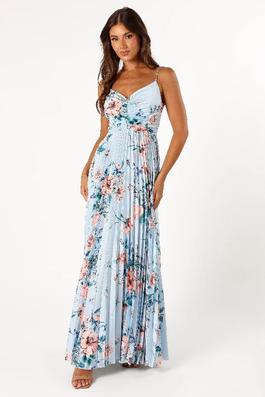 Naira Pleated Maxi Dress - Blue Floral