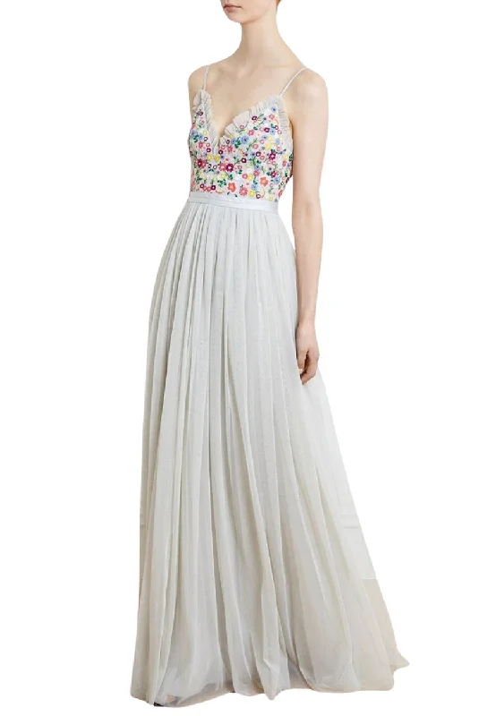 Light Grey Tie Back Cami Floral Embroidered Maxi Dress