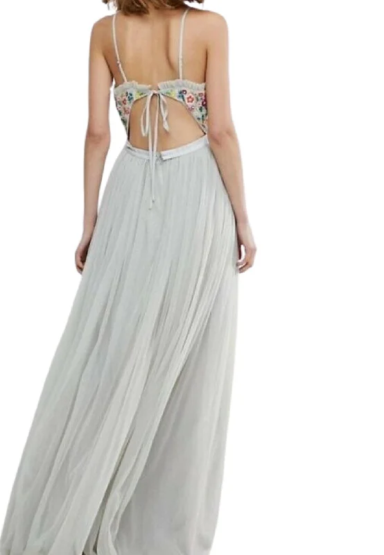 Light Grey Tie Back Cami Floral Embroidered Maxi Dress