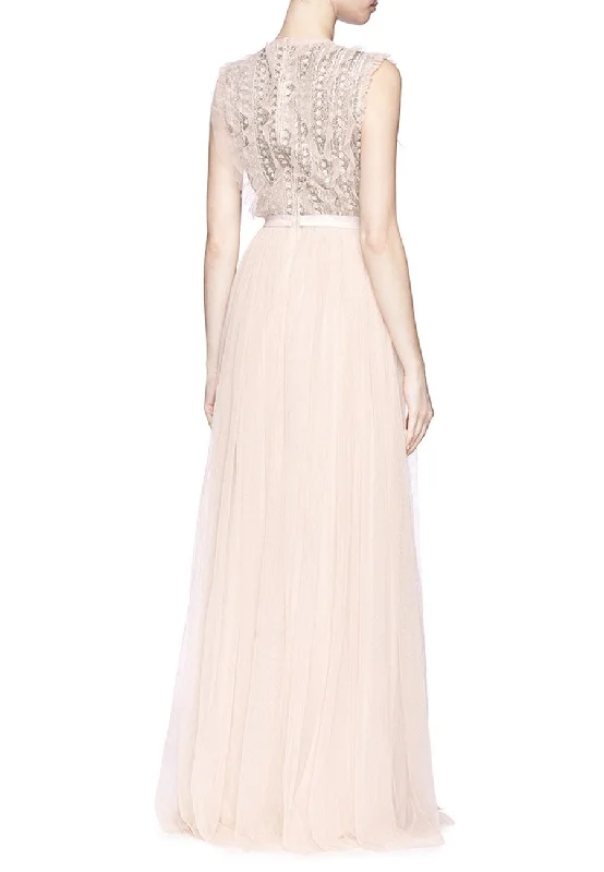 Nude Jet Frill Ruffled Embellished Tulle Gown (UK 10)