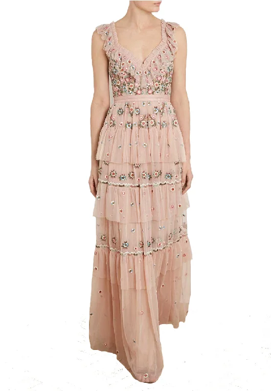 Nude Whimsical Ruffled Neckline Floral Embroidered Gown